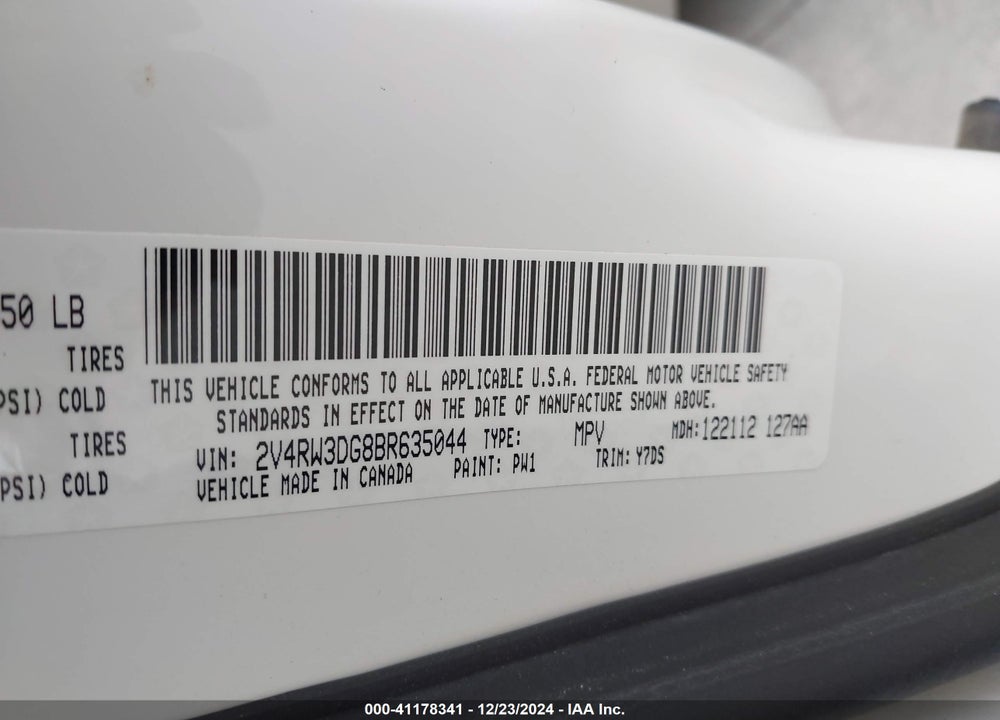 2011 VOLKSWAGEN ROUTAN SE VIN: 2V4RW3DG8BR635044