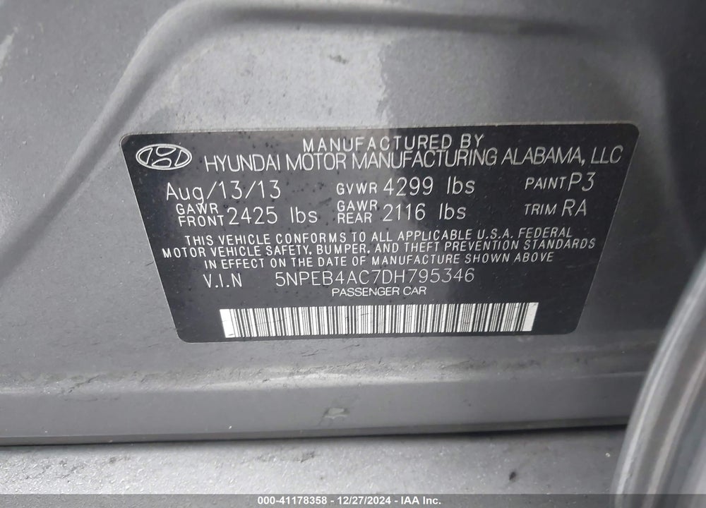 2013 HYUNDAI SONATA GLS VIN: 5NPEB4AC7DH795346