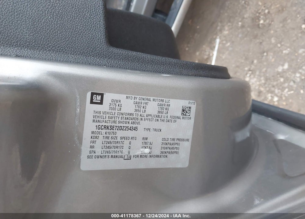 2013 CHEVROLET SILVERADO 1500 VIN: 1GCRKSE72DZ254345
