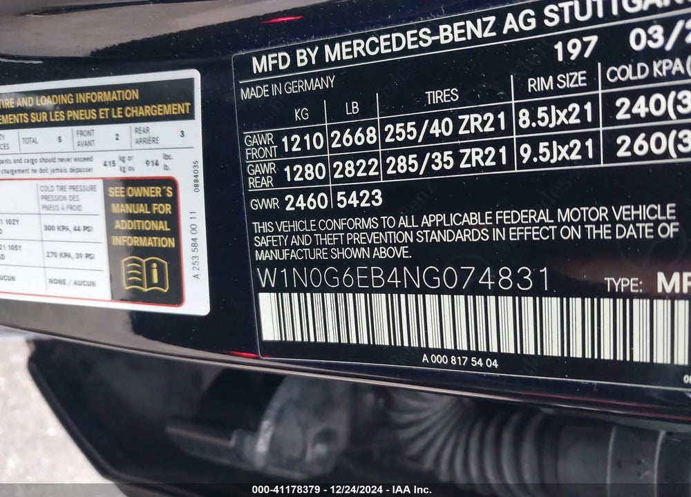 2022 MERCEDES-BENZ AMG GLC 43 VIN: W1N0G6EB4NG074831