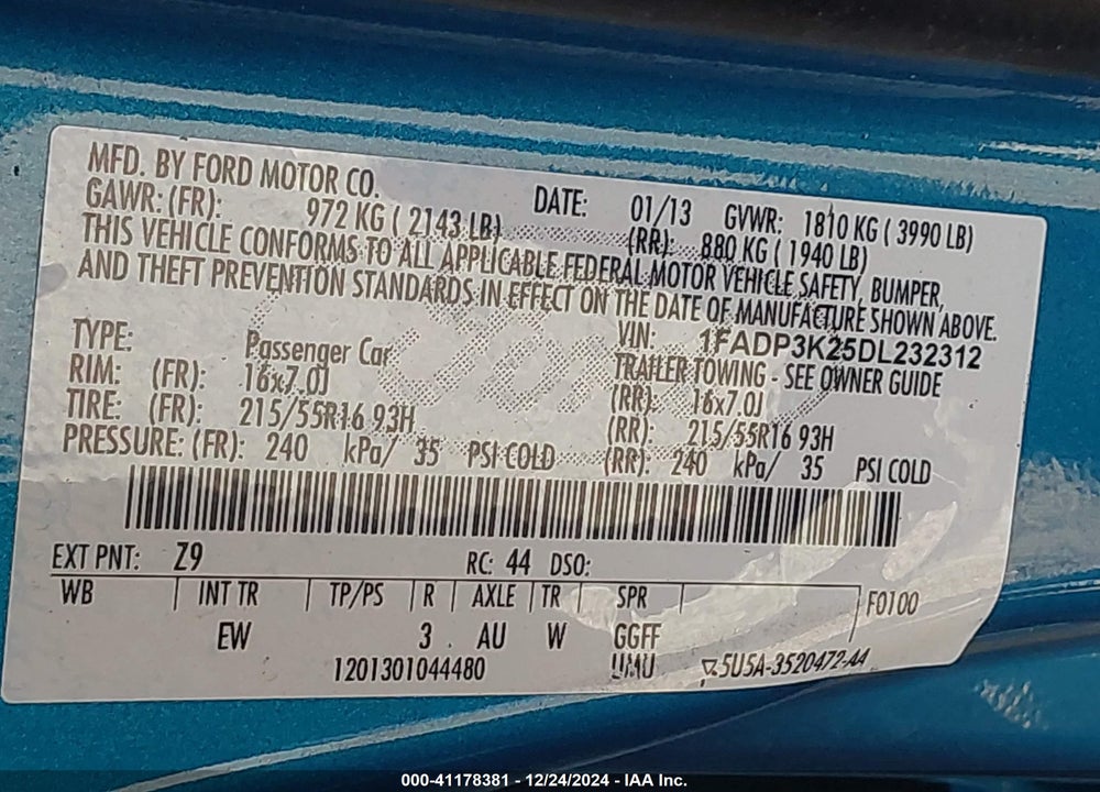 2013 FORD FOCUS VIN: 1FADP3K25DL232312
