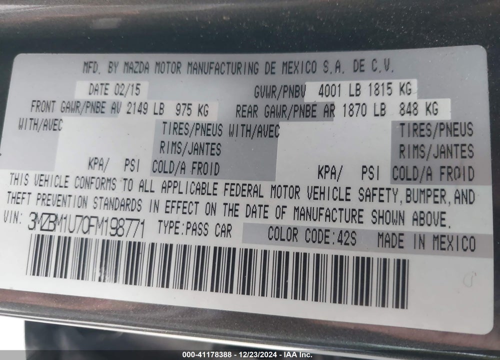 2015 MAZDA 3 I SPORT VIN: 3MZBM1U70FM198771
