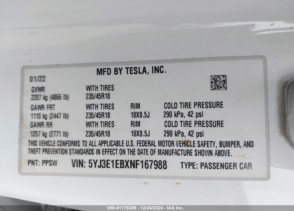 2022 TESLA MODEL 3 VIN: 5YJ3E1EBXNF167988