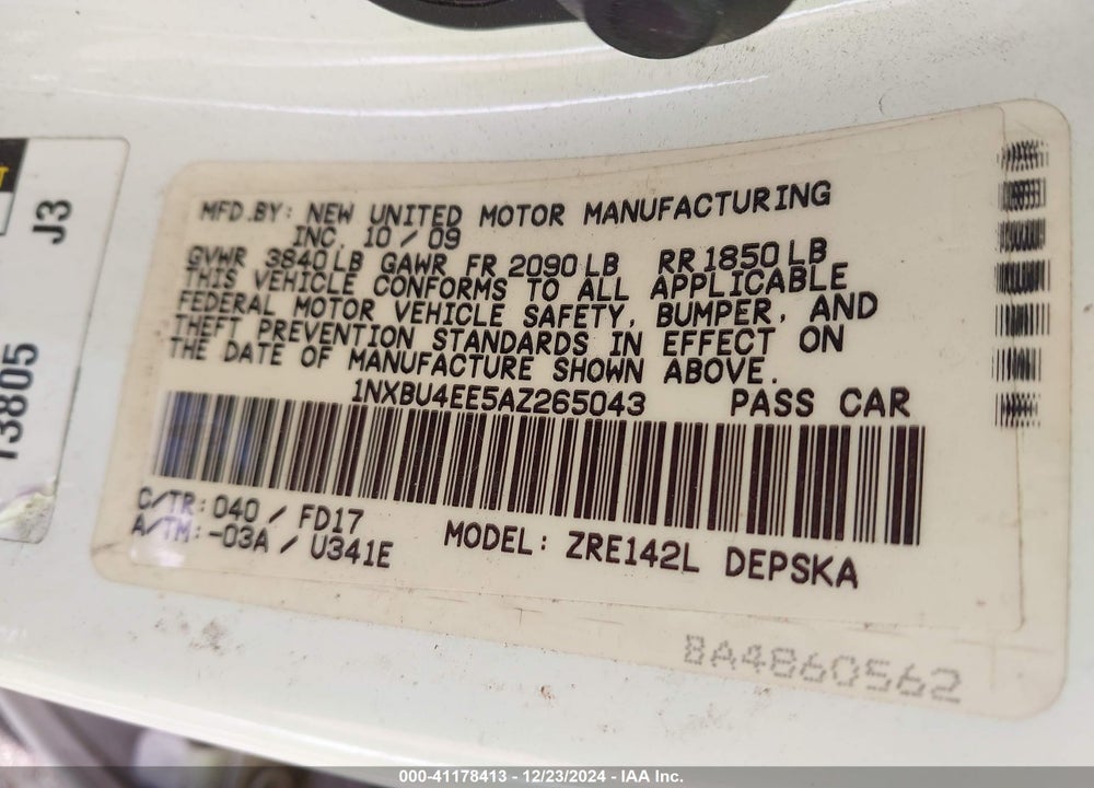 2010 TOYOTA COROLLA VIN: 1NXBU4EE5AZ265043