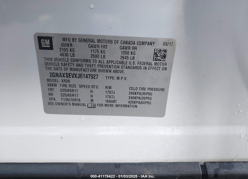 2018 CHEVROLET EQUINOX LT VIN: 2GNAXSEVXJ6147927