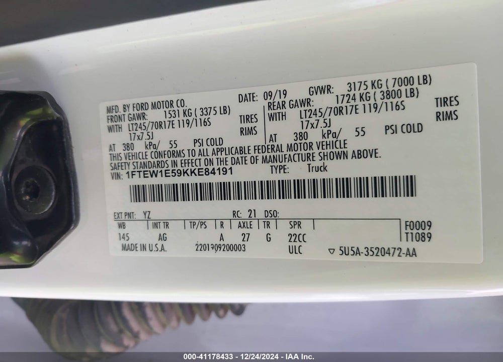2019 FORD F-150 XL VIN: 1FTEW1E59KKE84191