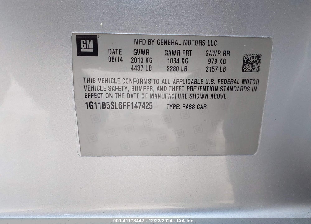 2015 CHEVROLET MALIBU LS VIN: 1G11B5SL6FF147425