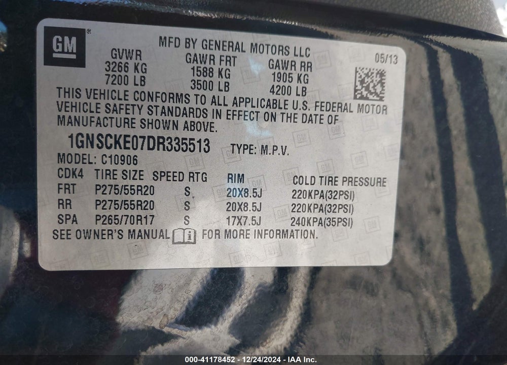 2013 CHEVROLET SUBURBAN 1500 VIN: 1GNSCKE07DR335513