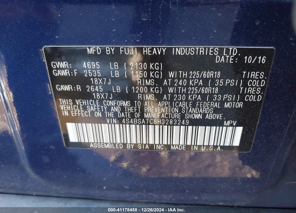 2017 SUBARU OUTBACK 2.5I TOURING VIN: 4S4BSATC8H3283249