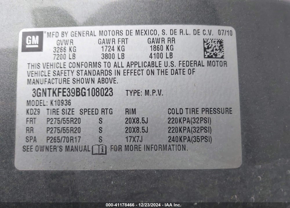 2011 CHEVROLET AVALANCHE 1500 LT1 VIN: 3GNTKFE39BG108023