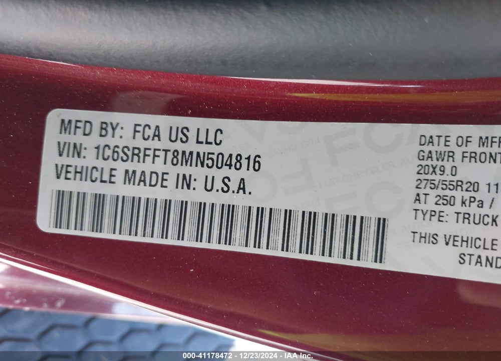 2021 RAM 1500 VIN: 1C6SRFFT8MN504816