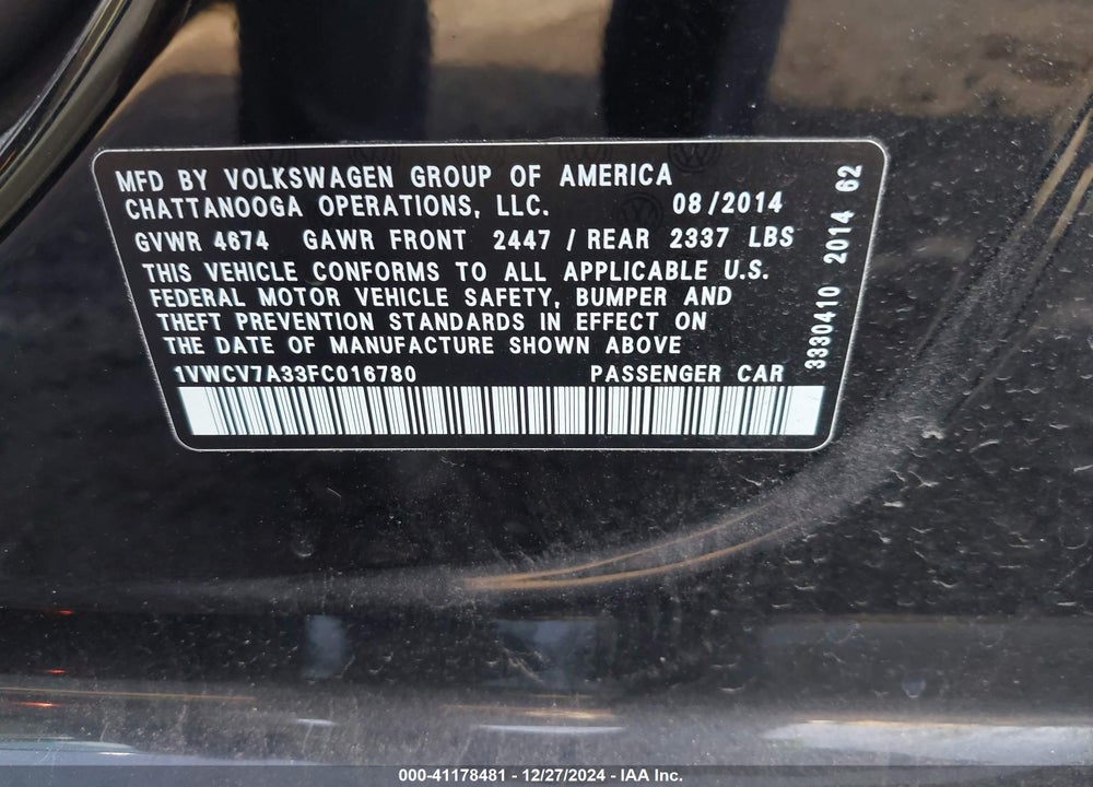 2015 VOLKSWAGEN PASSAT 2.0L TDI SEL PREMIUM VIN: 1VWCV7A33FC016780