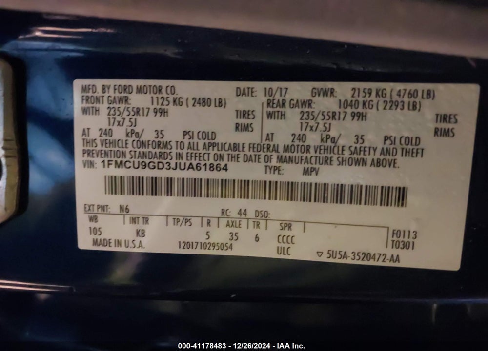 2018 FORD ESCAPE SE VIN: 1FMCU9GD3JUA61864