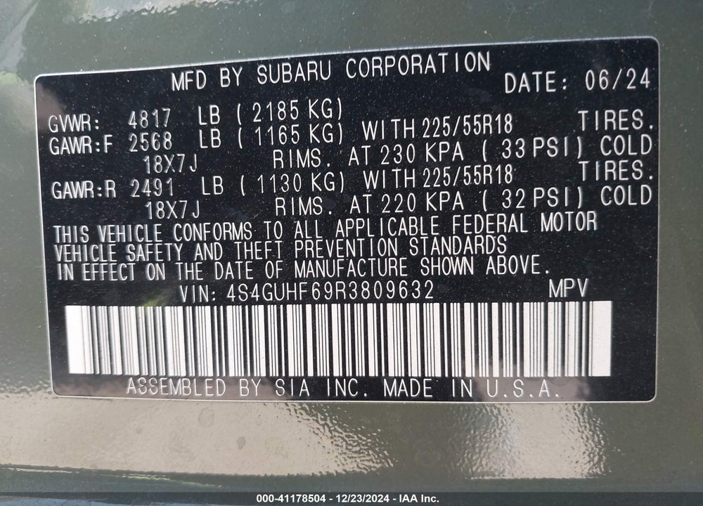 2024 SUBARU CROSSTREK VIN: 4S4GUHF69R3809632