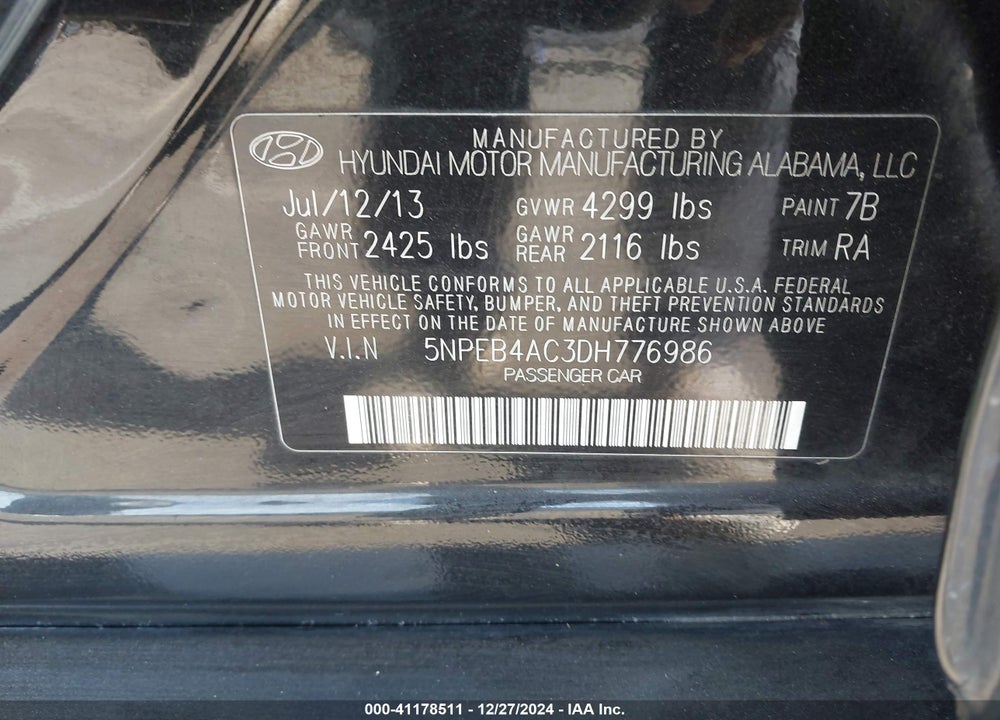 2013 HYUNDAI SONATA GLS VIN: 5NPEB4AC3DH776986