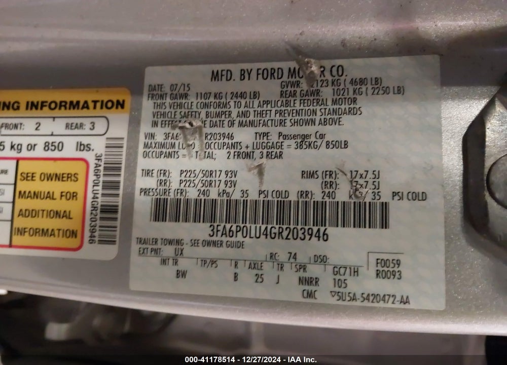 2016 FORD FUSION HYBRID VIN: 3FA6P0LU4GR203946