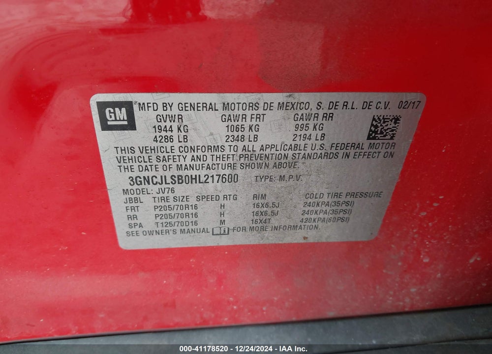 2017 CHEVROLET TRAX VIN: 3GNCJLSB0HL217600