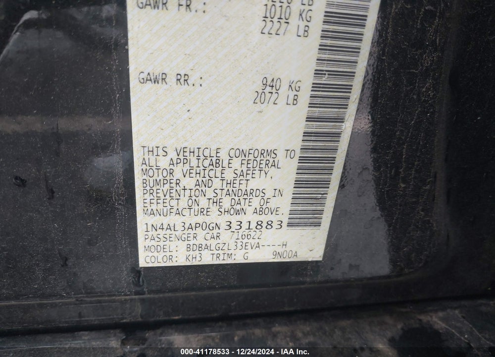 2016 NISSAN ALTIMA 2.5 S VIN: 1N4AL3AP0GN331883