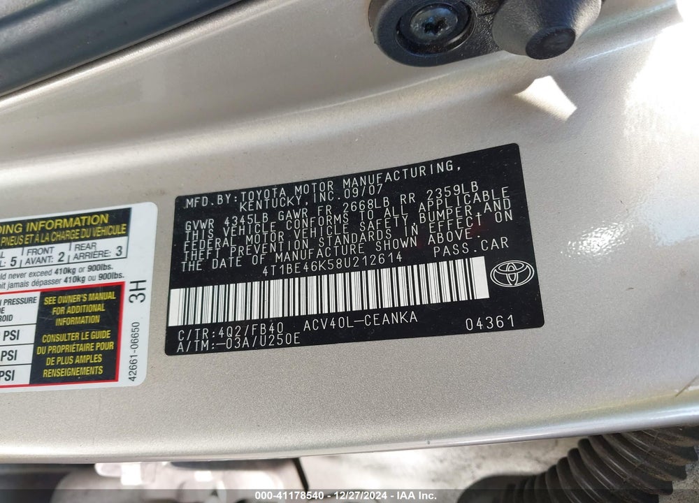 2008 TOYOTA CAMRY VIN: 4T1BE46K58U212614