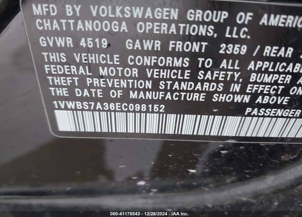 2014 VOLKSWAGEN PASSAT VIN: 1VWBS7A36EC098152