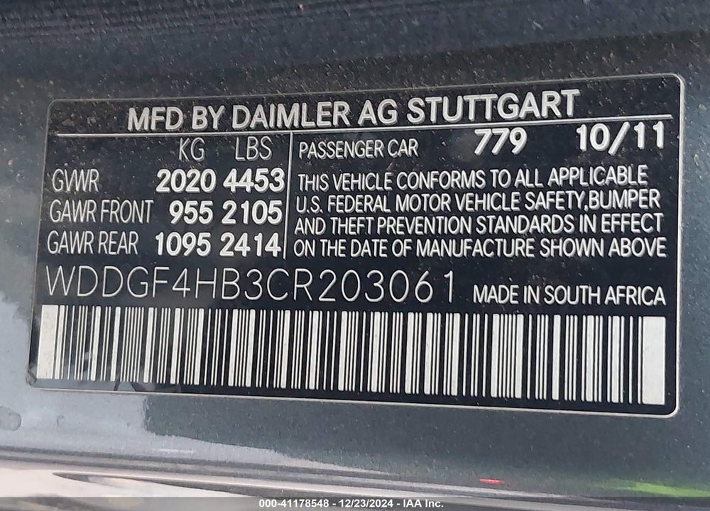 2012 MERCEDES-BENZ C 250 VIN: WDDGF4HB3CR203061