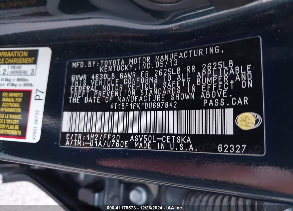 2013 TOYOTA CAMRY VIN: 4T1BF1FK1DU697842