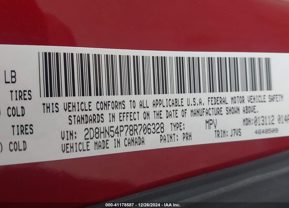 2008 DODGE GRAND CARAVAN SXT VIN: 2D8HN54P78R706328