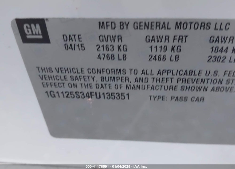 2015 CHEVROLET IMPALA 2LT VIN: 1G1125S34FU135351
