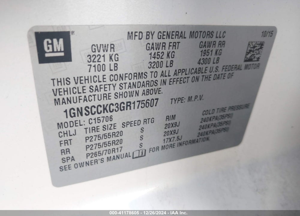 2016 CHEVROLET TAHOE LTZ VIN: 1GNSCCKC3GR175607