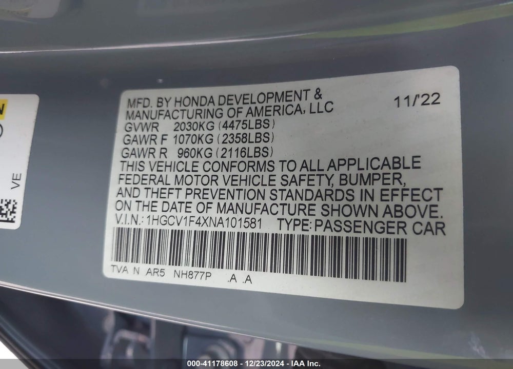 2022 HONDA ACCORD SPORT SE VIN: 1HGCV1F4XNA101581