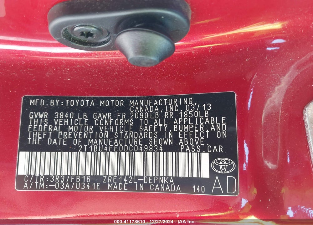 2013 TOYOTA COROLLA LE VIN: 2T1BU4EE0DC049834