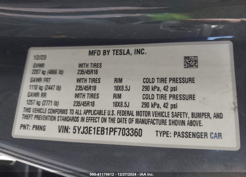 2023 TESLA MODEL 3 LONG RANGE DUAL MOTOR ALL-WHEEL DRIVE VIN: 5YJ3E1EB1PF703360