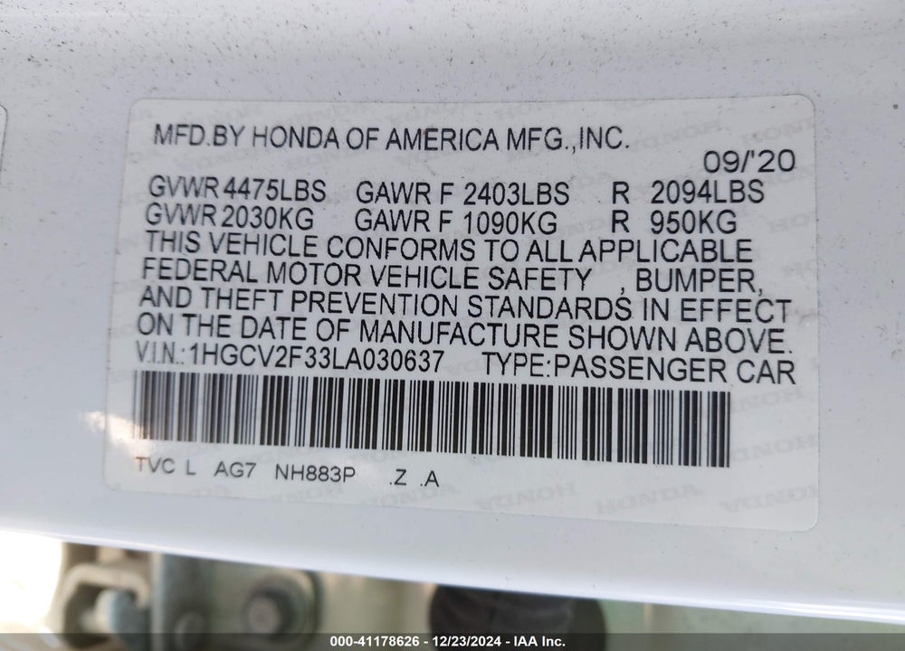 2020 HONDA ACCORD VIN: 1HGCV2F33LA030637