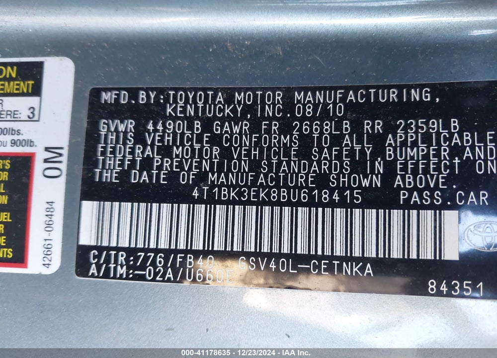2011 TOYOTA CAMRY LE VIN: 4T1BK3EK8BU618415