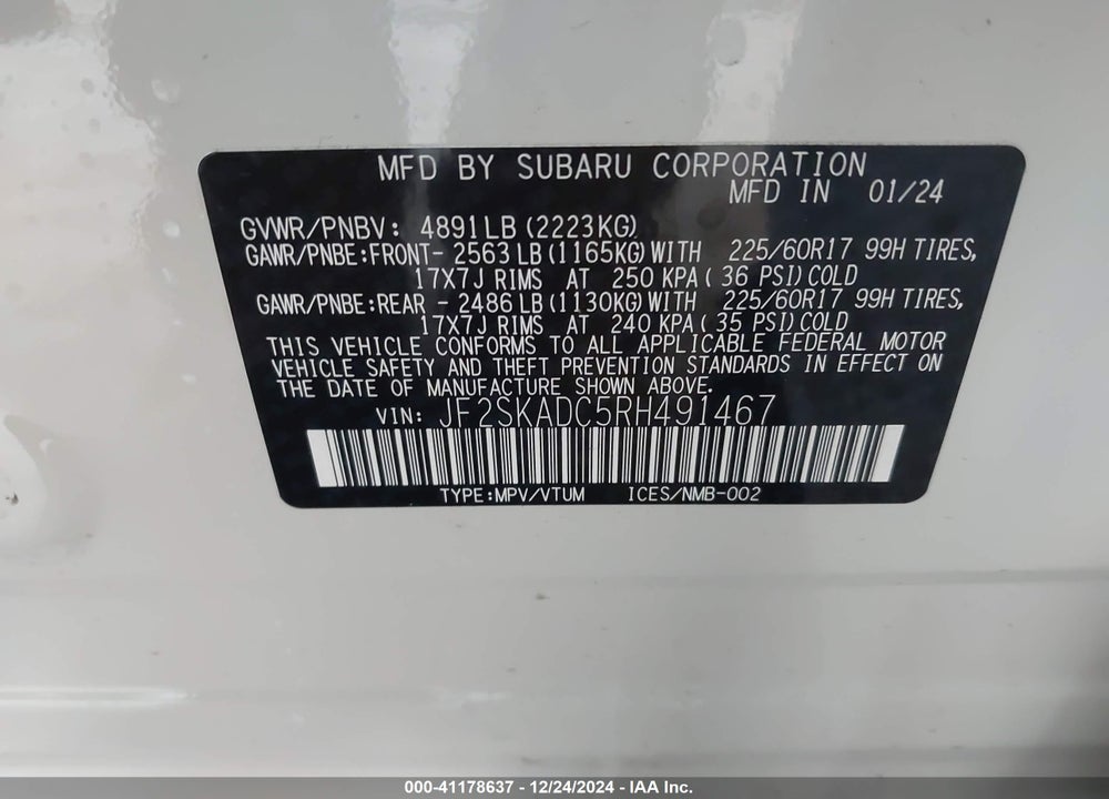 2024 SUBARU FORESTER VIN: JF2SKADC5RH491467