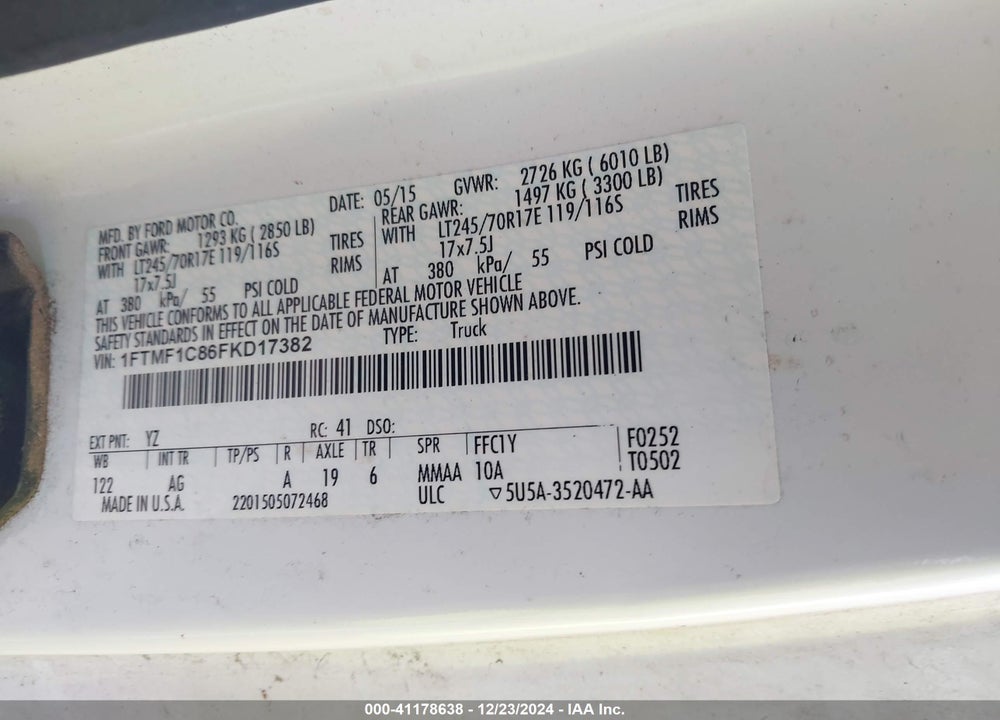 2015 FORD F-150 XL VIN: 1FTMF1C86FKD17382