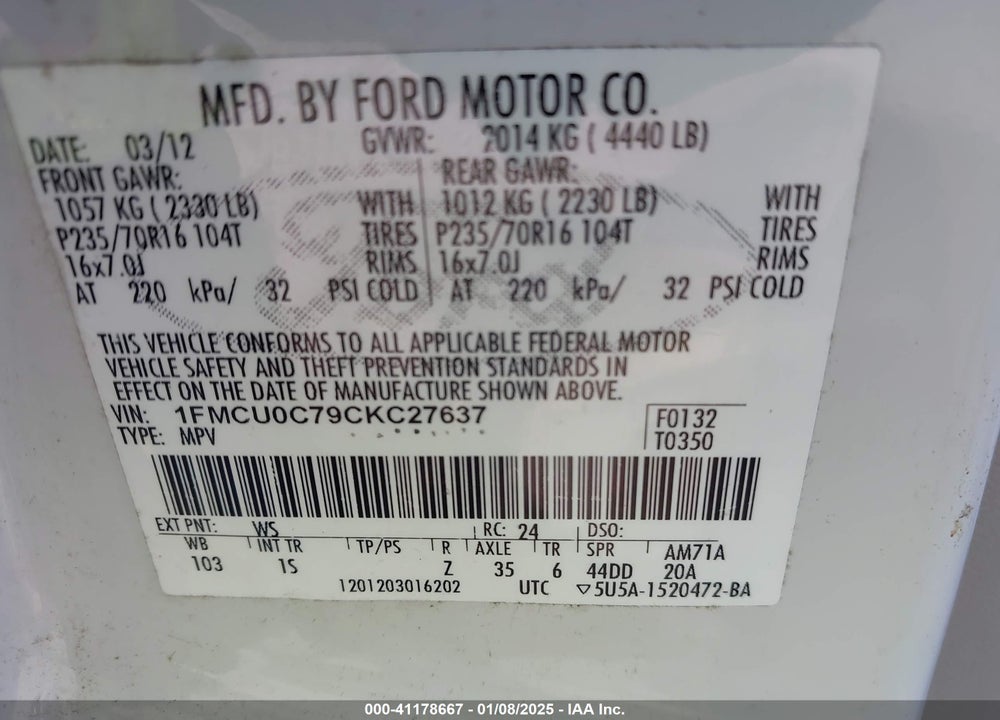 2012 FORD ESCAPE XLS VIN: 1FMCU0C79CKC27637