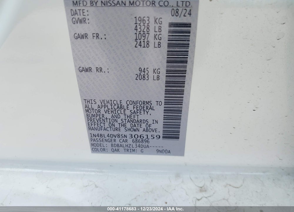 2025 NISSAN ALTIMA SV FWD VIN: 1N4BL4DV8SN306159