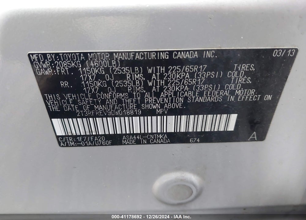 2013 TOYOTA RAV4 XLE VIN: 2T3RFREV9DW018819