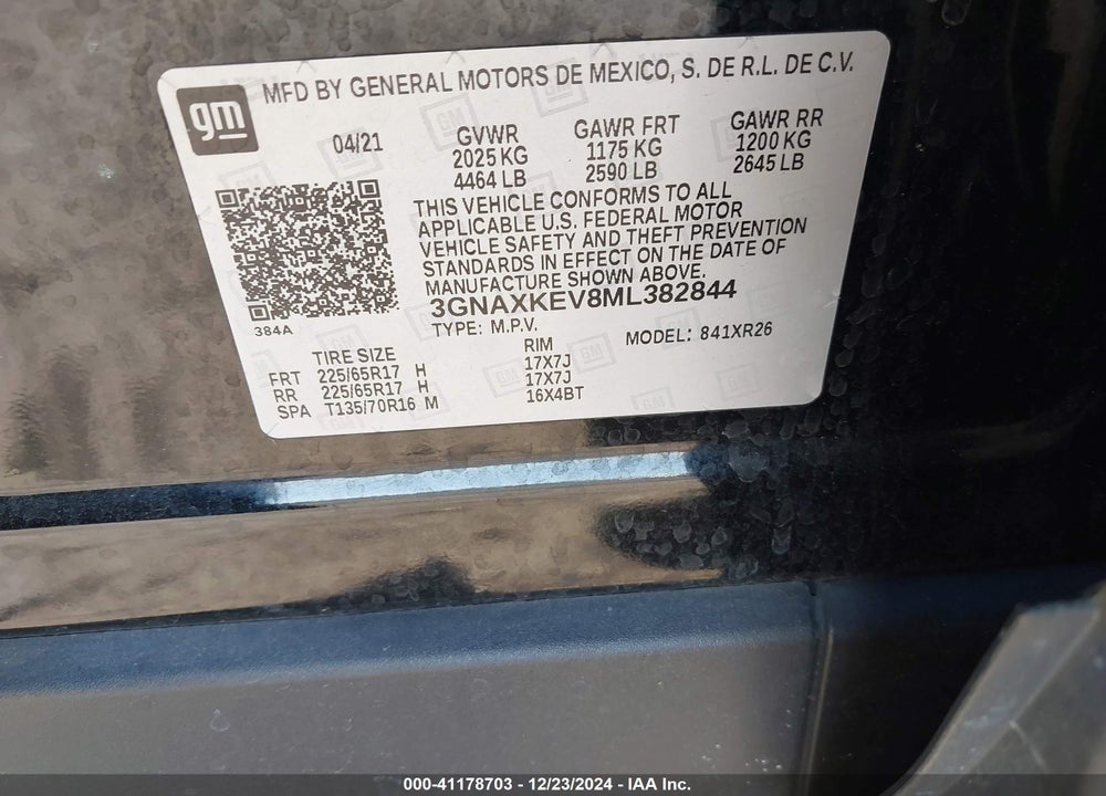 2021 CHEVROLET EQUINOX FWD LT VIN: 3GNAXKEV8ML382844