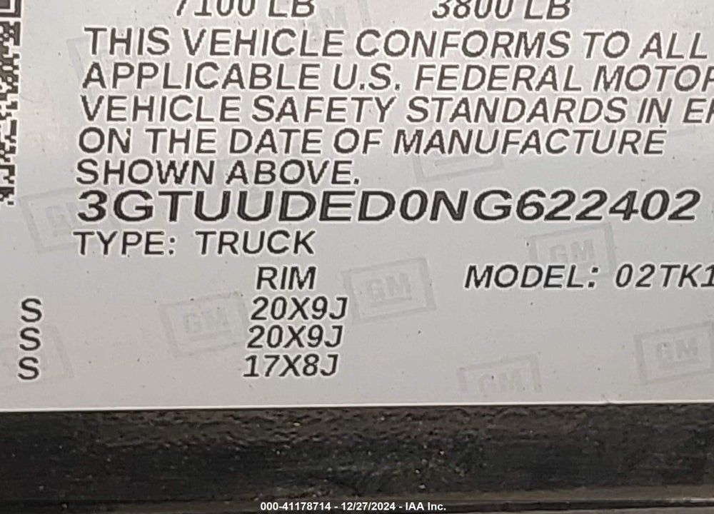 2022 GMC SIERRA 1500 4WD SHORT BOX SLT VIN: 3GTUUDED0NG622402