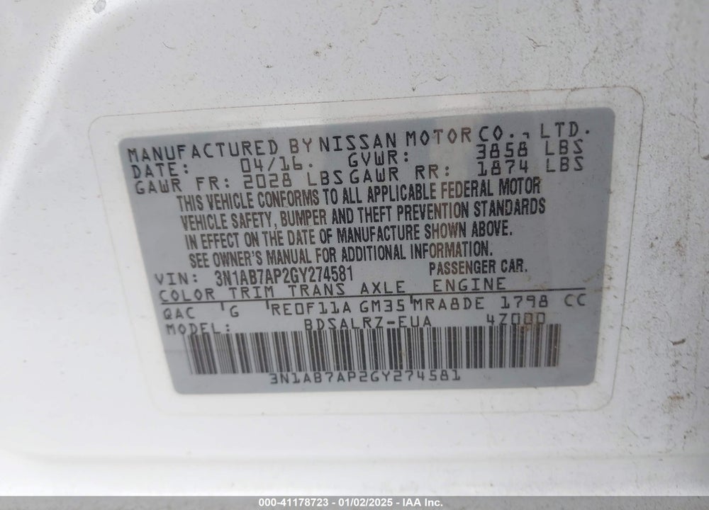 2016 NISSAN SENTRA SR VIN: 3N1AB7AP2GY274581