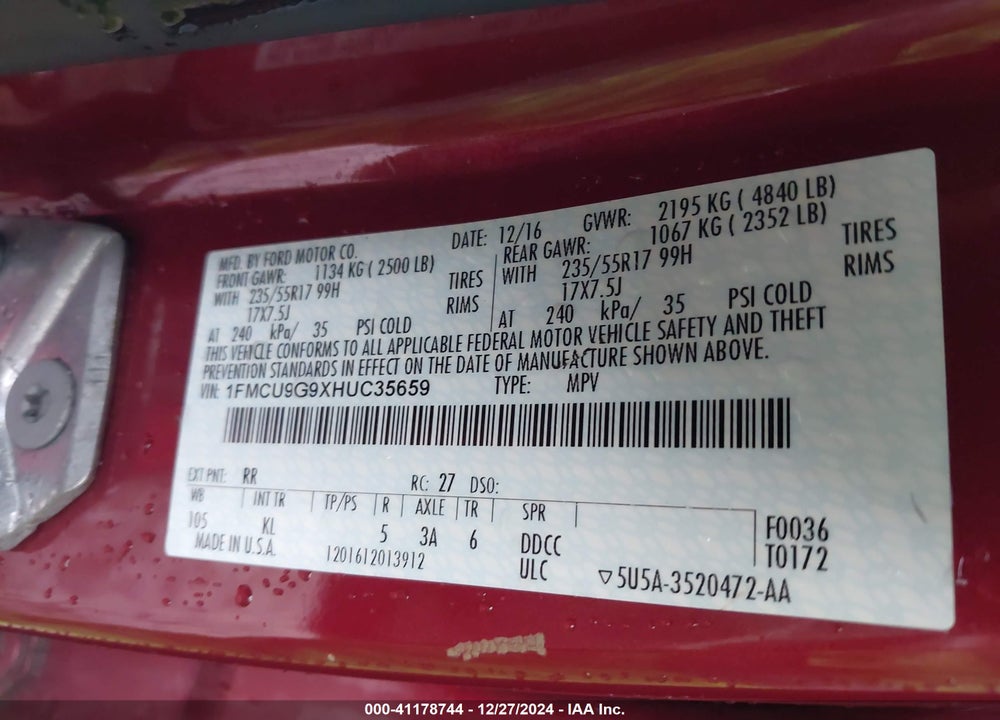 2017 FORD ESCAPE SE VIN: 1FMCU9G9XHUC35659