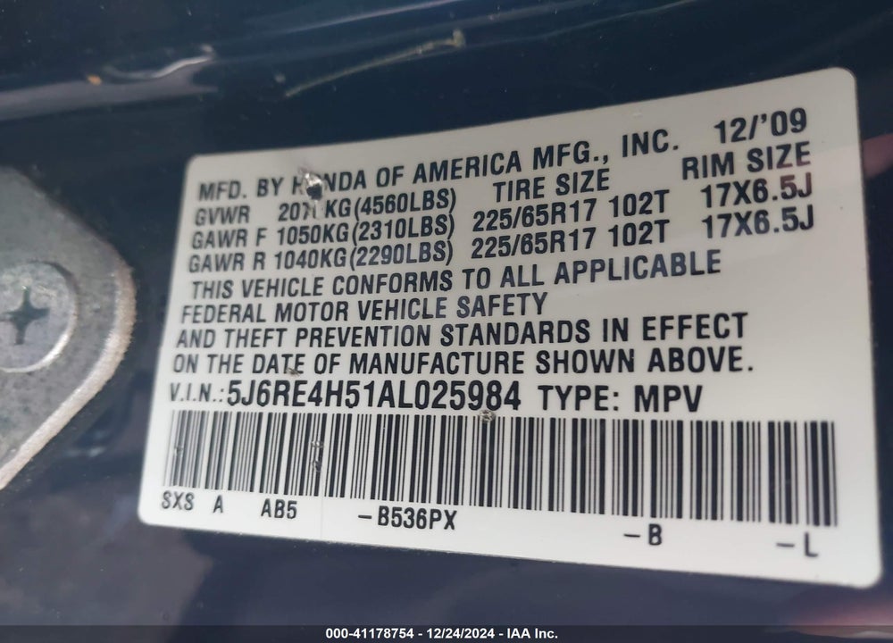 2010 HONDA CR-V VIN: 5J6RE4H51AL025984