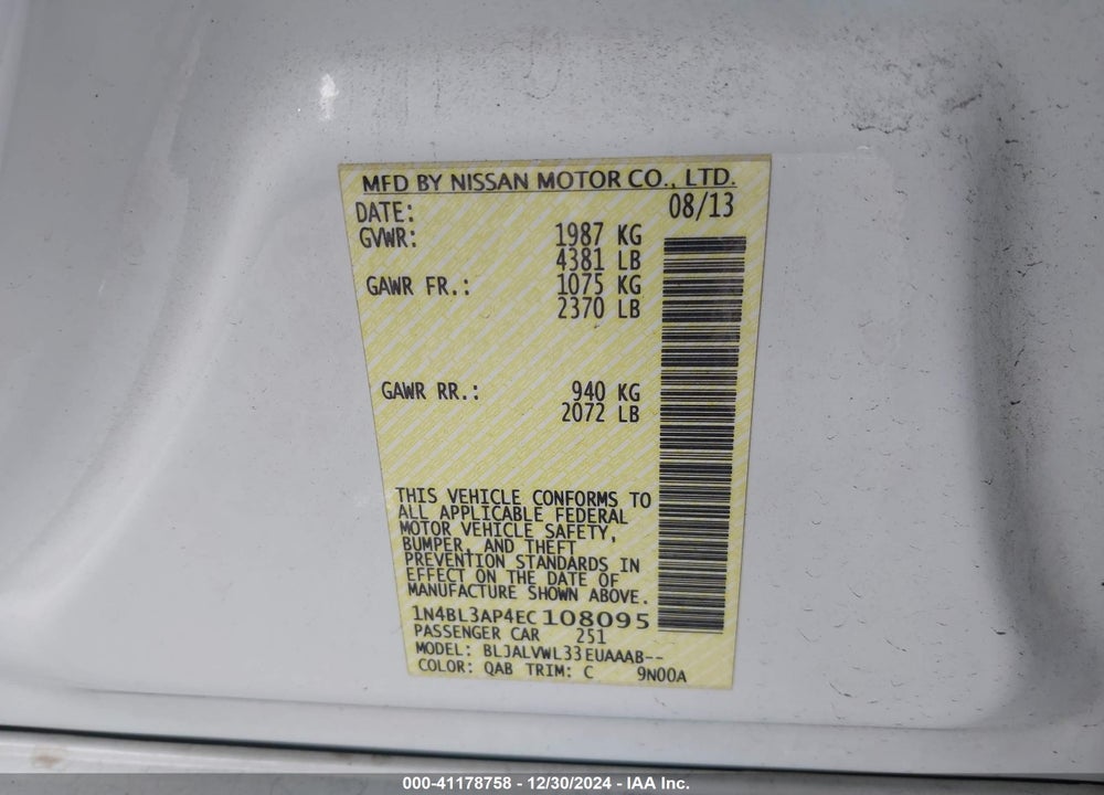 2014 NISSAN ALTIMA 3.5 SL VIN: 1N4BL3AP4EC108095