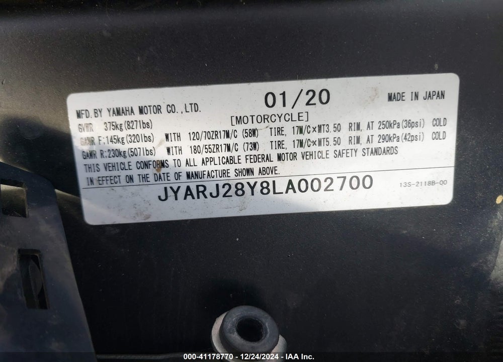 2020 YAMAHA YZFR6 C VIN: JYARJ28Y8LA002700