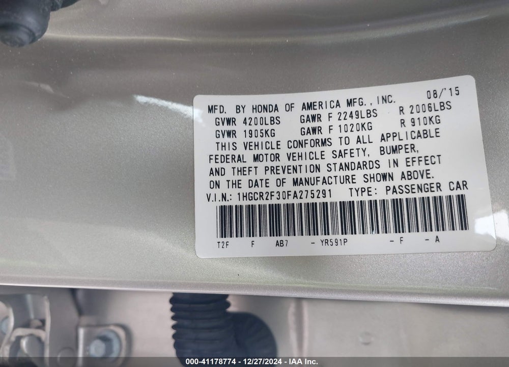 2015 HONDA ACCORD LX VIN: 1HGCR2F30FA275291
