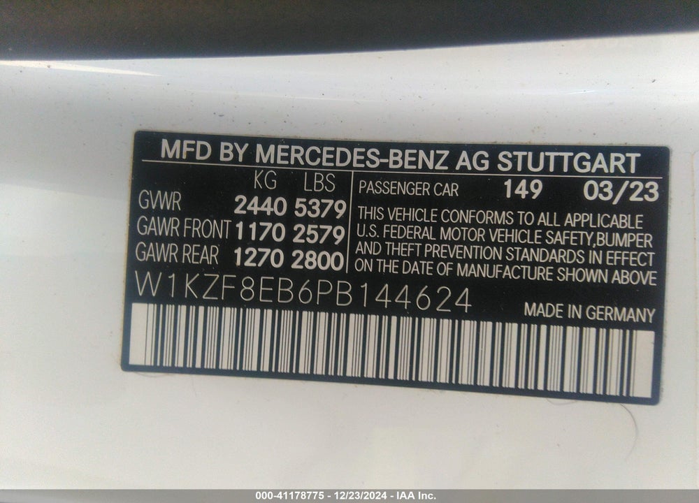 2023 MERCEDES-BENZ E 350 VIN: W1KZF8EB6PB144624