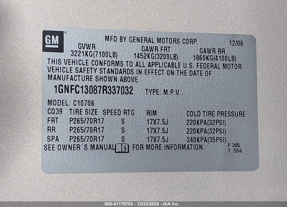 2007 CHEVROLET TAHOE LT VIN: 1GNFC13087R337032
