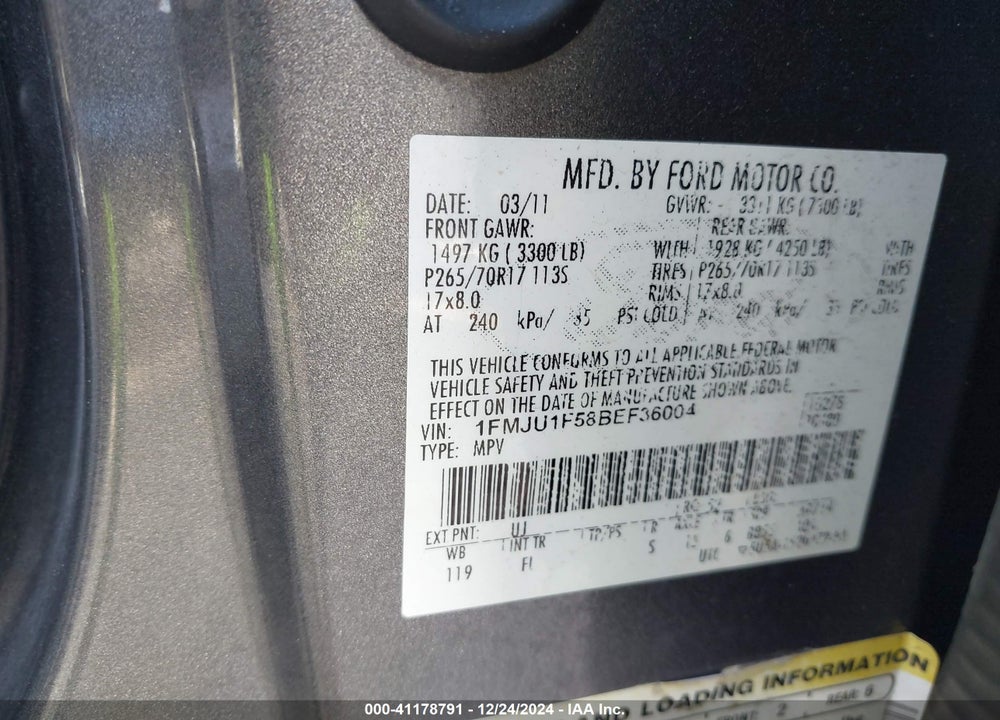 2011 FORD EXPEDITION XL VIN: 1FMJU1F58BEF36004